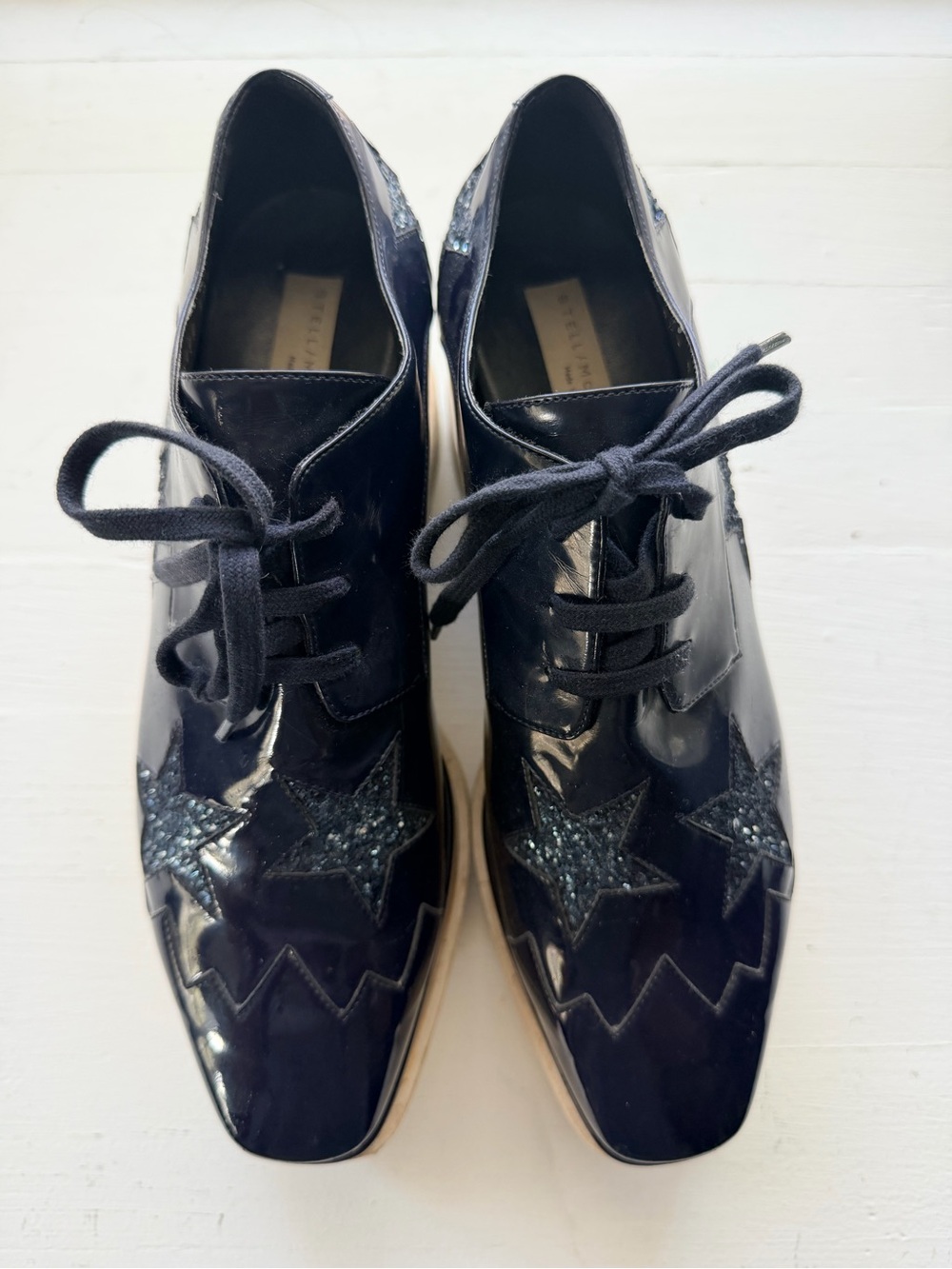 Stella McCartney Navy Patent Lace-Up Oxfords with Glitter Star Accents